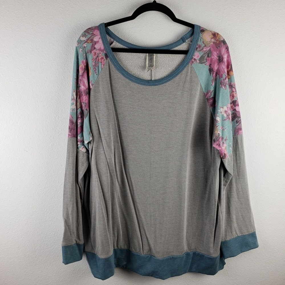 Honeyme Women's Size‎ XXL Floral Colorblock Crewneck Sweatshirt Gray Lightweight